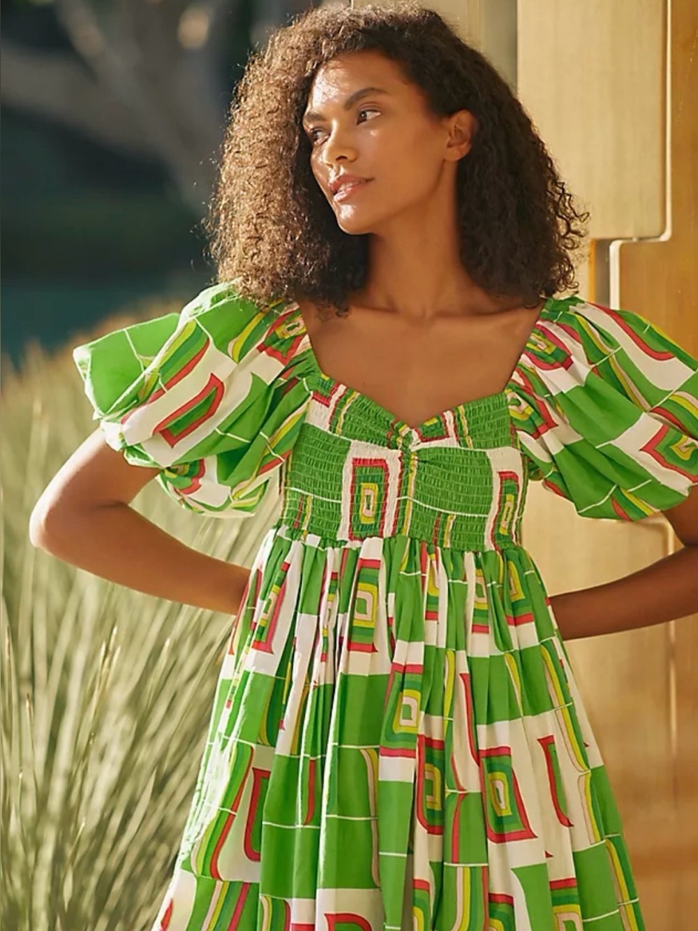 S/W/F Geometric Ruched Mini Dress babydoll silhouette exaggerated puff sleeves S